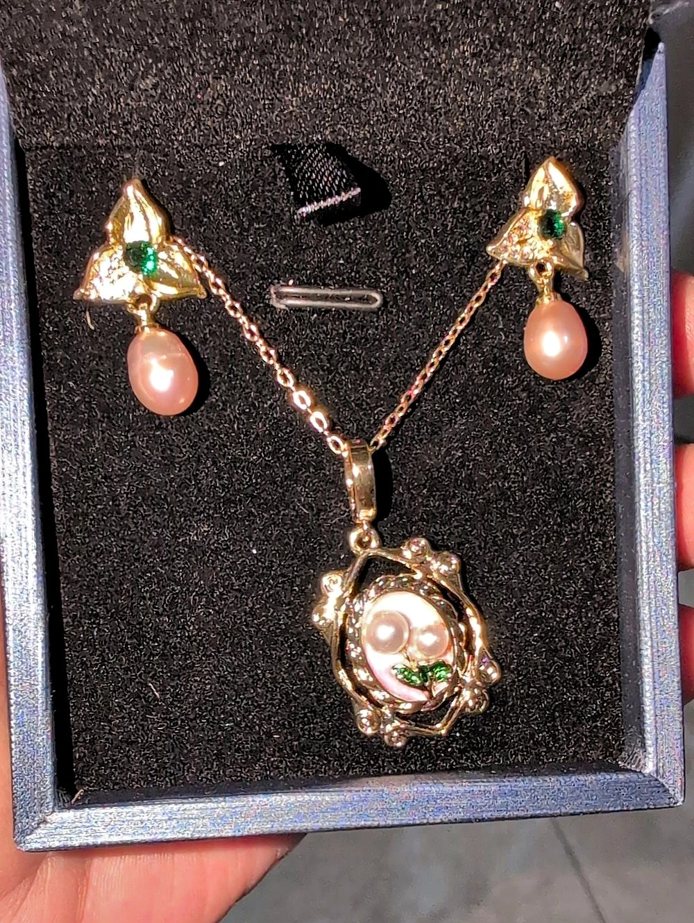 Gold Tone Pink Pearl Drop Earrings And Matching Necklace